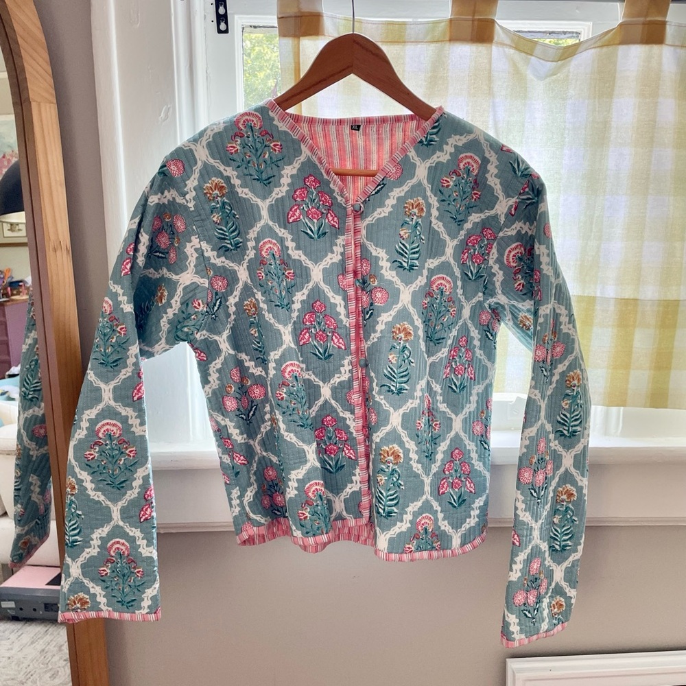 Blockprint Quilted Coat - Pink and Blue Floral size XL